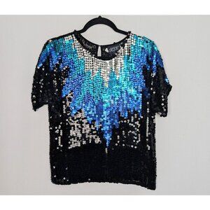 Vintage 80s 90s R S.C M Silk Full Sequin Beaded Cocktail Disco Blouse Top Shirt